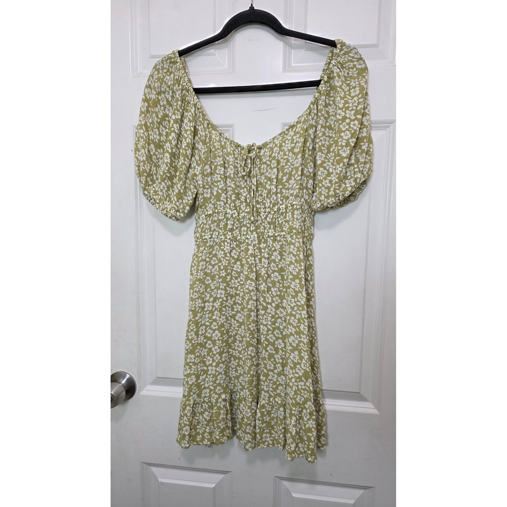 Billabong Floral Mini Dress Women's M Green White Puff Sleeve Smocked Waist Beac